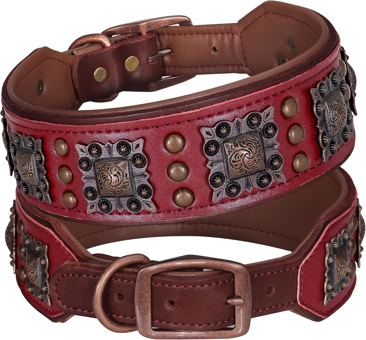 Soft Padded Leather Dog Collar, 2 Inch Wide Genuine Leather Dog Collars with Stylish Studded Rivet & Metal Buckle, Luxury & Adjustable Pet Collars for Medium Dogs,Green,Neck 16-19"