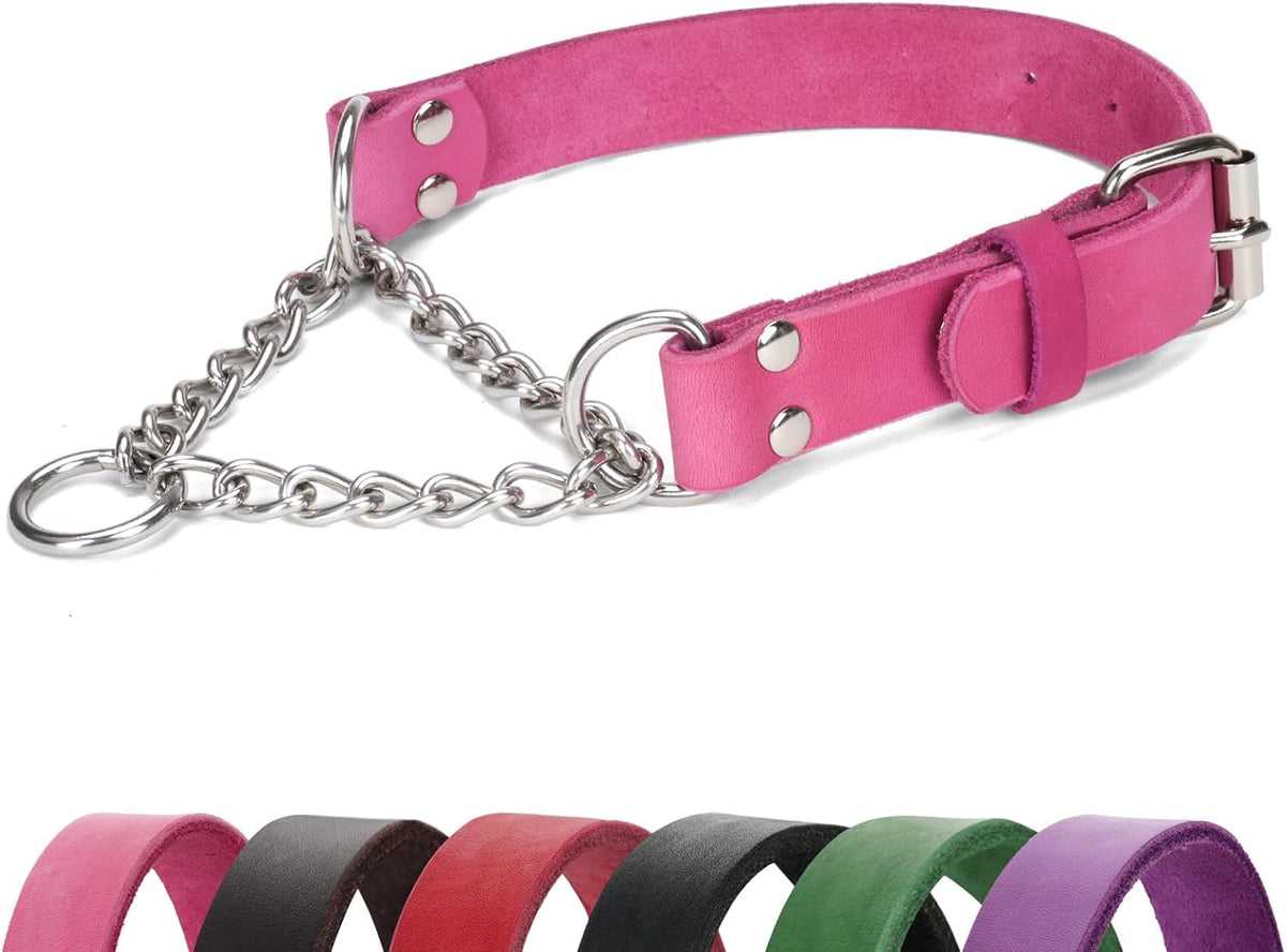 No-Pull Adjustable Martingale Collar for Dogs - Genuine Leather with Stainless Steel Chain, Anti-Slip Design for Small, Medium & Large Breeds - Black (M)