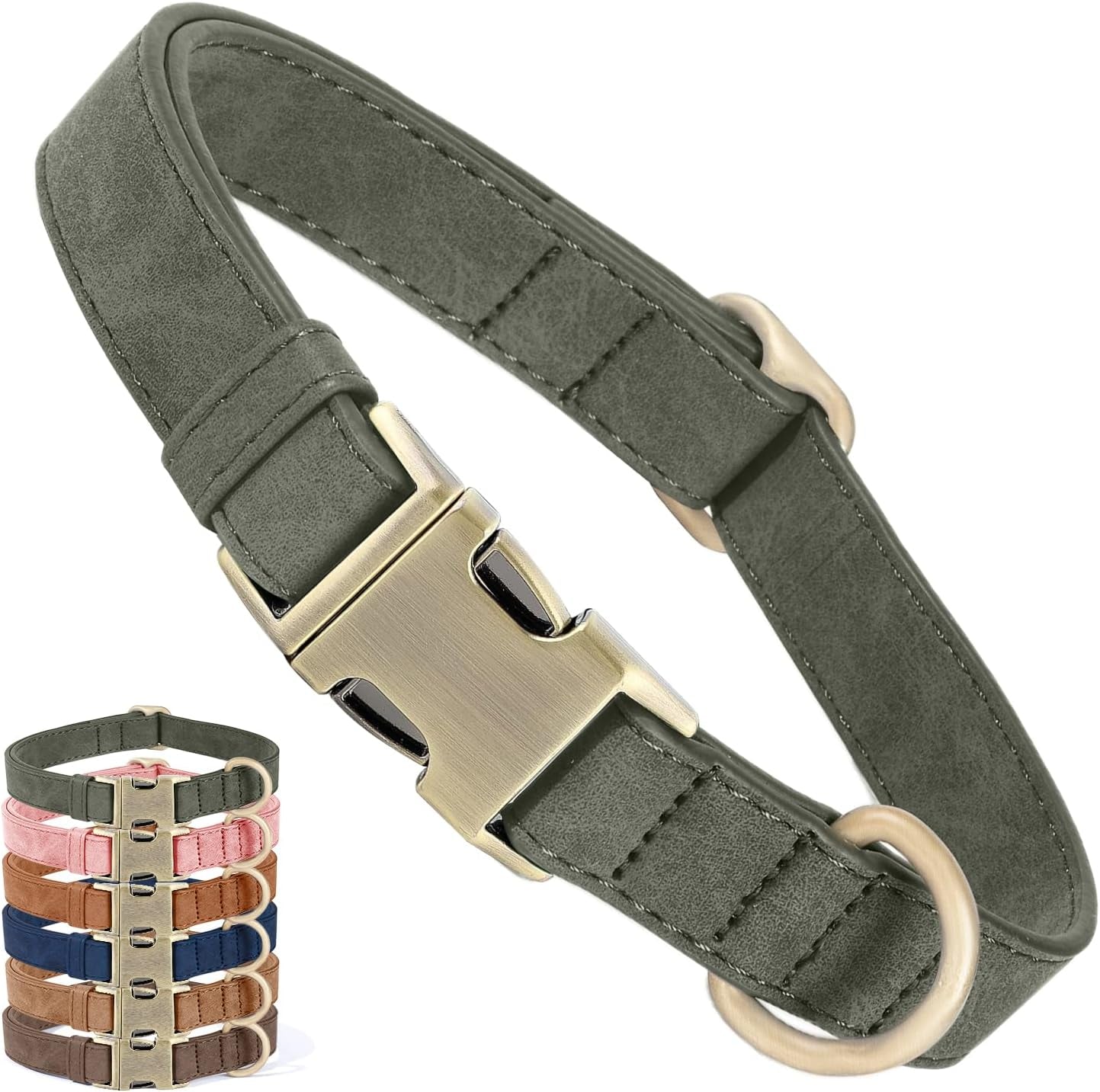 Genuine Leather Dog Collar - Adjustable Pet Collar with Quick Release Metal Buckle, Soft Skin Friendly Real Leather Collar for Small, Medium, Large Dogs (Dark Green Collar + Rope, M:Fit 12-20" Neck)