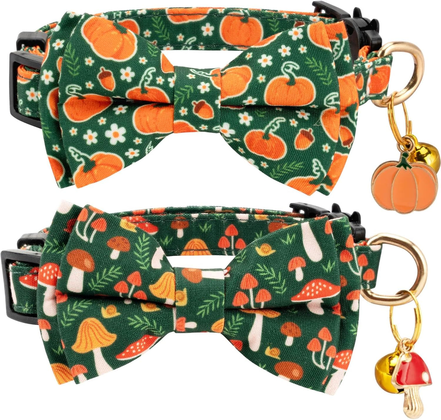 2 Pack Cotton Cat Collar with Bow Tie and Bell for Male Female Cats,Soft Fancy Breakaway Kitty Kitten Collar with Ghost& Pumpkin Patterned Design for Boy Girl Cats. (Cow&Heart)