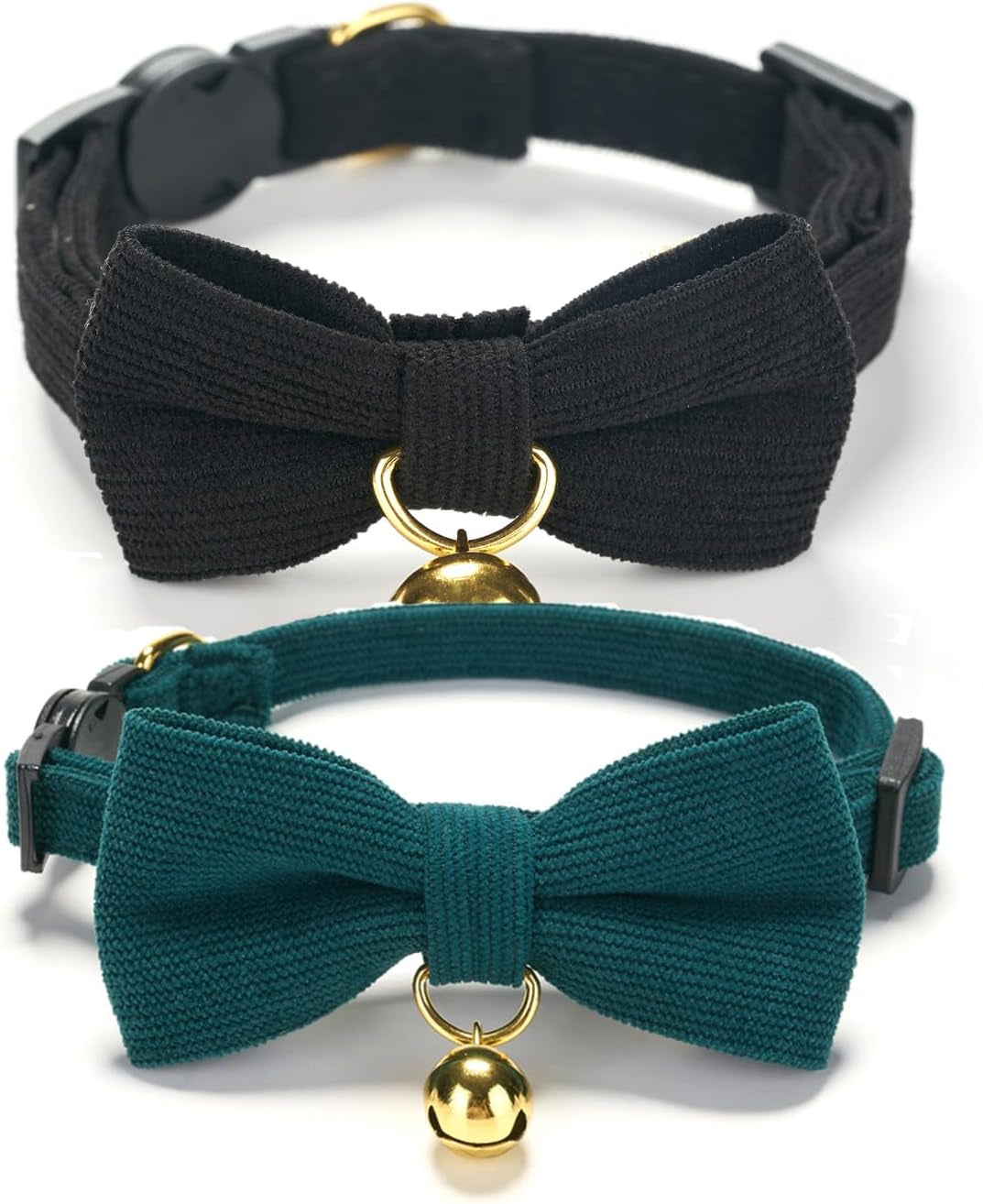 2 Pack Soft Corduroy Cat Collars with Bow Tie & Bell, Adjustable Breakaway Cotton Kitty Bowtie Collar for Girl Boy Kitten (Orange & Green)