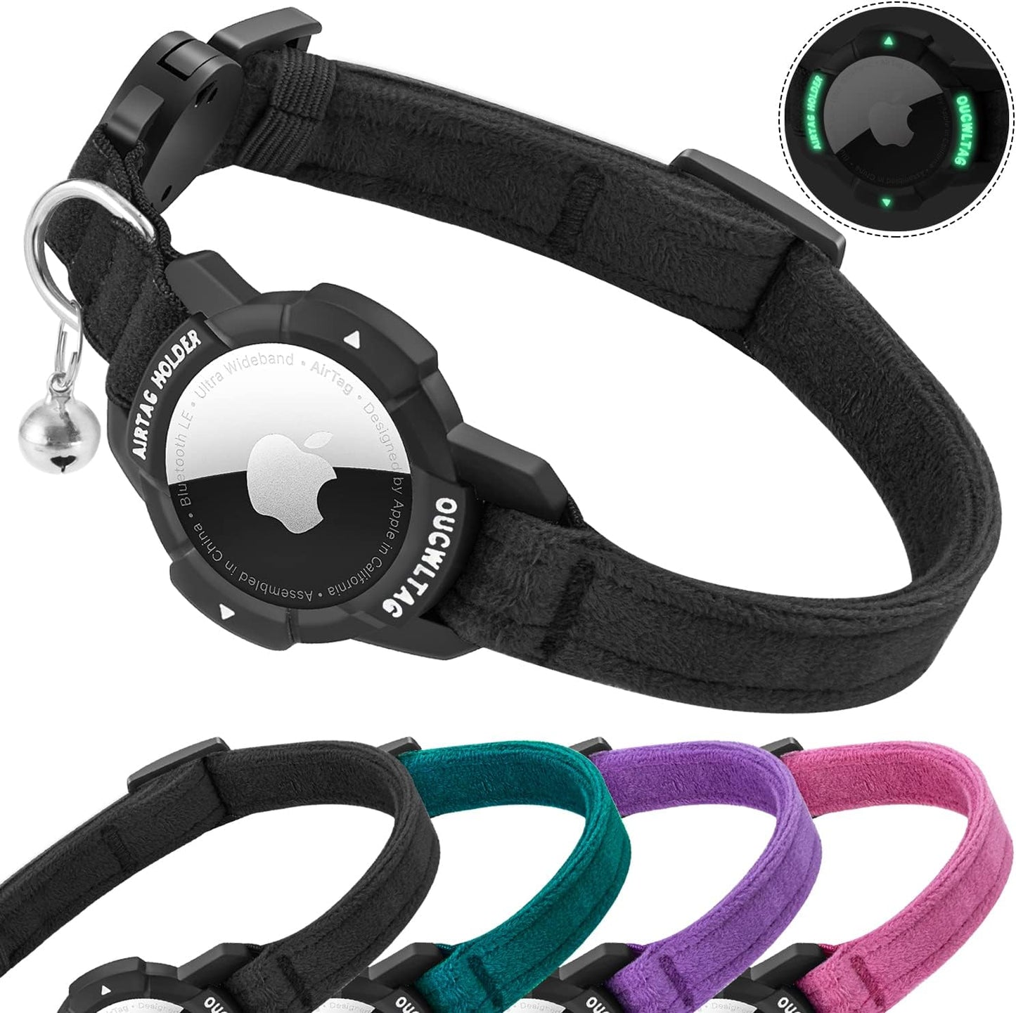 Luminous Airtag Cat Collar Breakaway, GPS Cat Collar with Apple Air Tag Holder, Cat Tracker Collars with Safety Elastic Band for Girl Boy Cats, Kittens and Puppies (Blue, 9-13 Inch)
