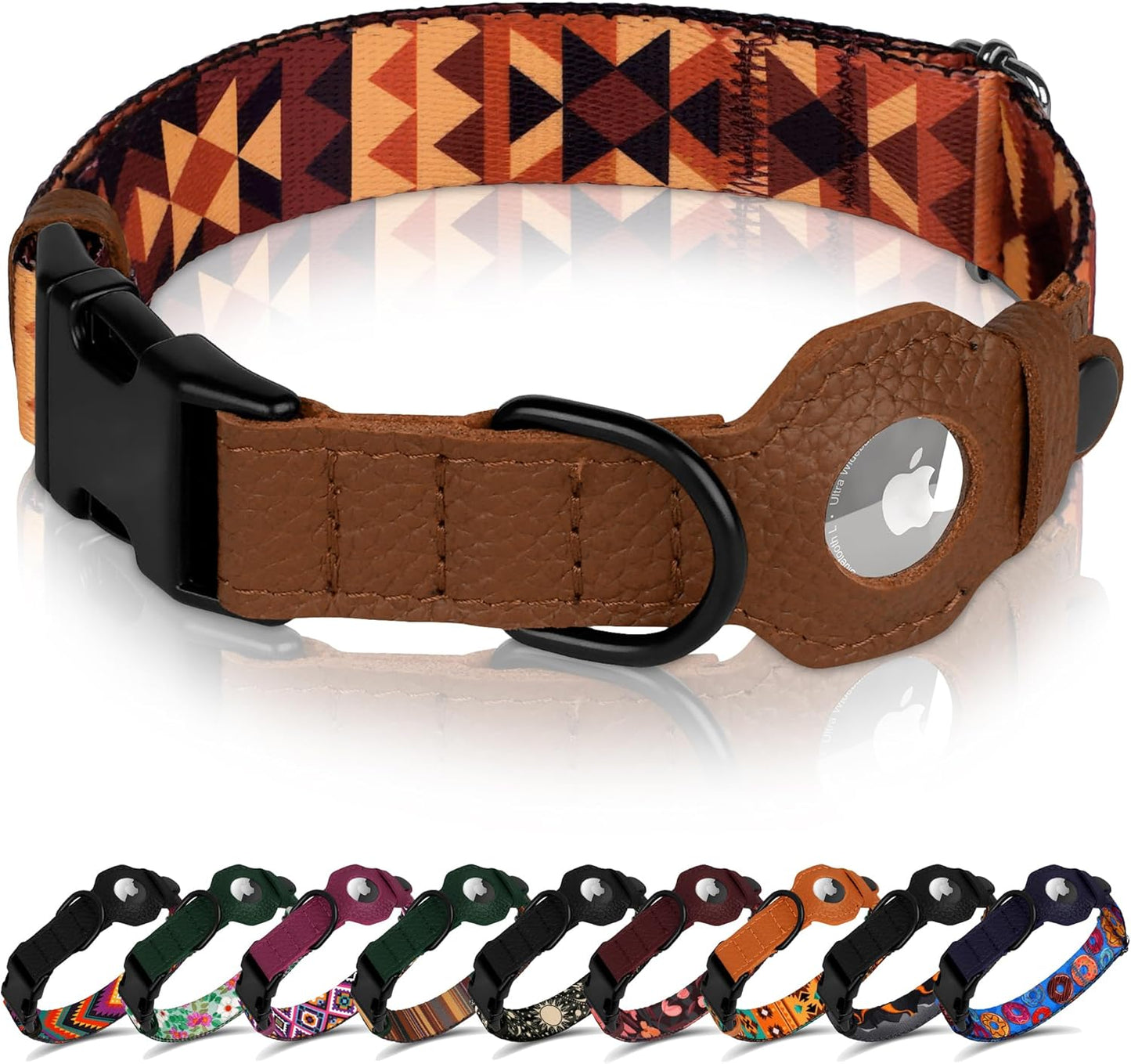 Airtag Dog Collar with Metal Buckle - Printed Nylon Soft Leather Dog Collar with Apple Airtag Holder - Secure Tracking GPS Pet Collars for Girl Boy Small Large Dogs (L, 17"-21" Neck Fit, Striped)