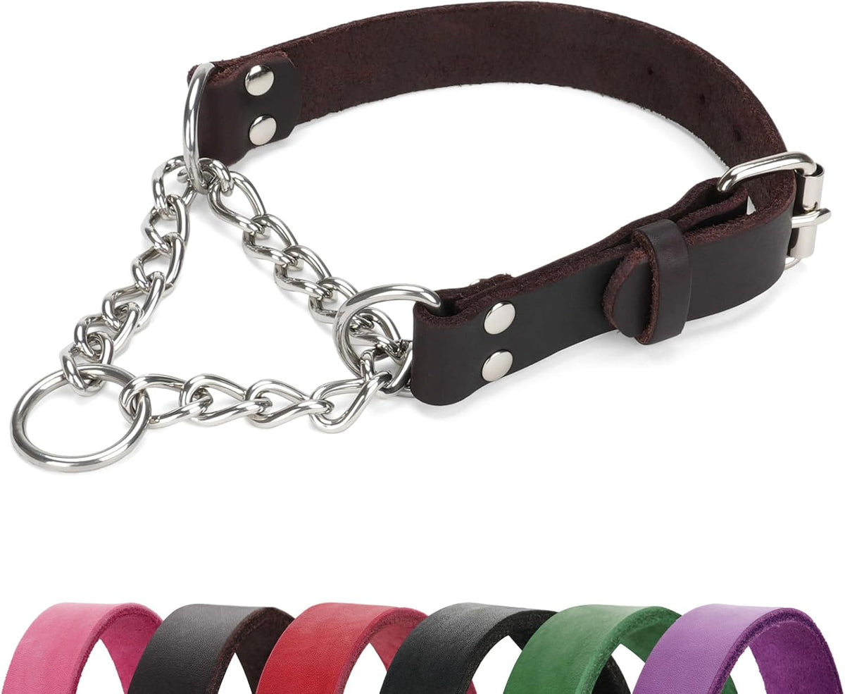 No-Pull Adjustable Martingale Collar for Dogs - Genuine Leather with Stainless Steel Chain, Anti-Slip Design for Small, Medium & Large Breeds - Black (M)