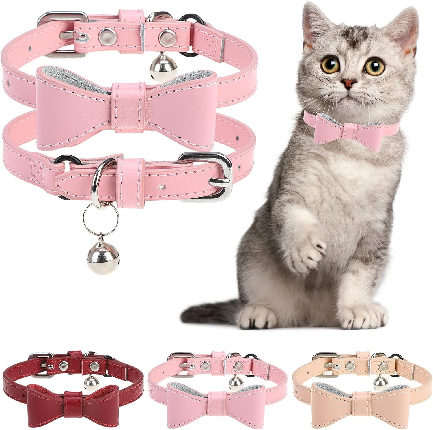 Leather Cat Collars for Boy Girl Cats with Bell and Safety Elastic Belt, Personalized Love and Fish Stud Adjustable Safe Buckle Collar for Kitty Small Big Cats Size 8-11 Inch, Black