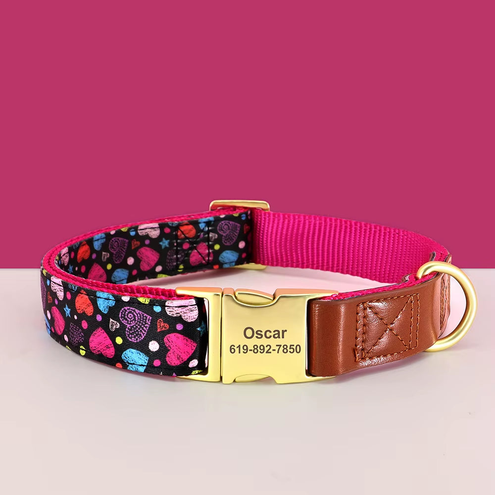 Custom Engraved Dog Collar Adjustable Pet Buckle Collars Anti-Lost Flower Printed for Small Medium Large Dogs French Bulldog