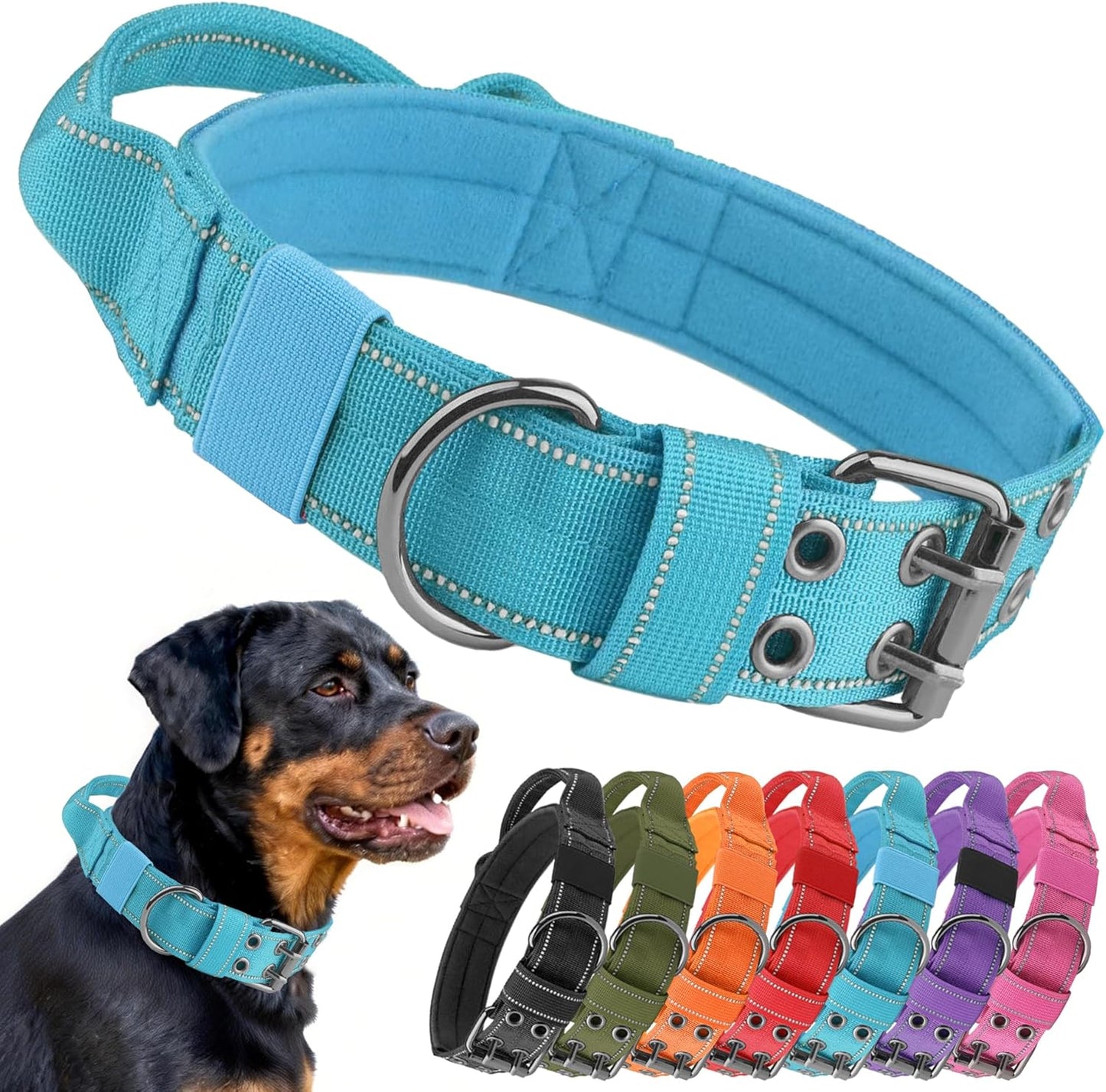 Tactical Dog Collar with Control Handle, Military Adjustable Pet Collar Reflective Heavy Metal Buckle Dog Collar, Soft Nylon Training Collar for Medium Large Dogs (Blue, Large)