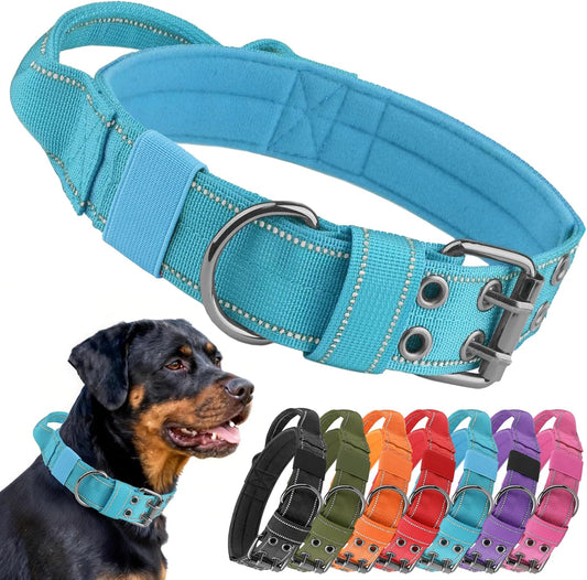Tactical Dog Collar with Control Handle, Military Adjustable Pet Collar Reflective Heavy Metal Buckle Dog Collar, Soft Nylon Training Collar for Medium Large Dogs (Blue, Large)