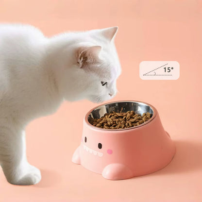 Cartoon Dinosaur 15° Tilted Pet Bowl: Elevated Stainless Steel Dish with Neck Support - Fun & Cute Feeder for Cats & Puppy