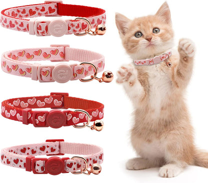 4 Pack Valentines Kitten Collar with Bell Valentines Day Breakaway Kitten Collars with Cute Heart Pattern Adjustable Size Suitable for Kittens