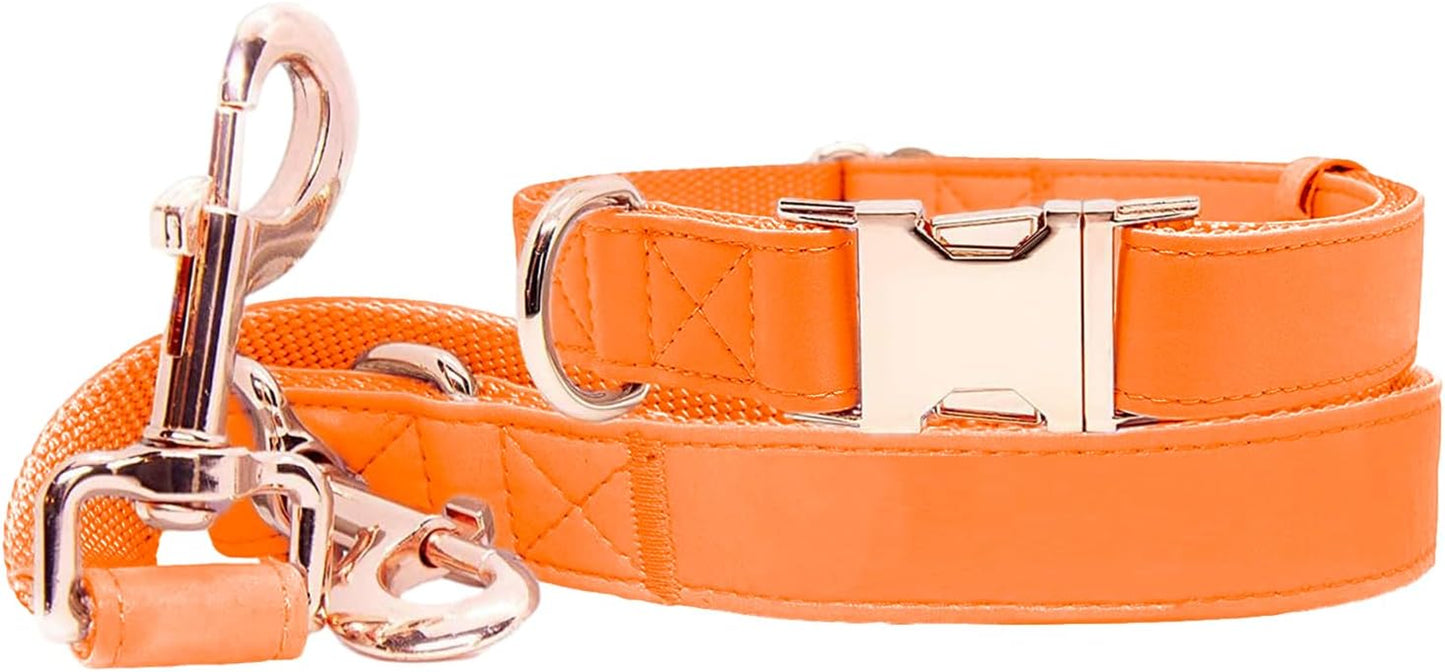 Soft Leather Dog Collar and Leash (6.6') Set - Stylish Rose Gold Heavy Duty Metal Buckle, 4 Adjustable Lengths Leash for Small Medium Large Dogs - Comfortable & Easy to Clean Pink M(13.8"-19.7")
