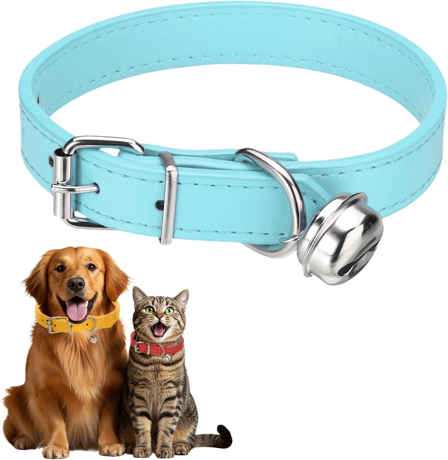 Dog Collar with Bell, Pu Leather Cat Collars Pet Basic Soft Padded Adjustable Buckle, 14.5" (Blue, 1 Pcs), Intended for Teacup/Little Dog/Kitten Cats/Small Animals