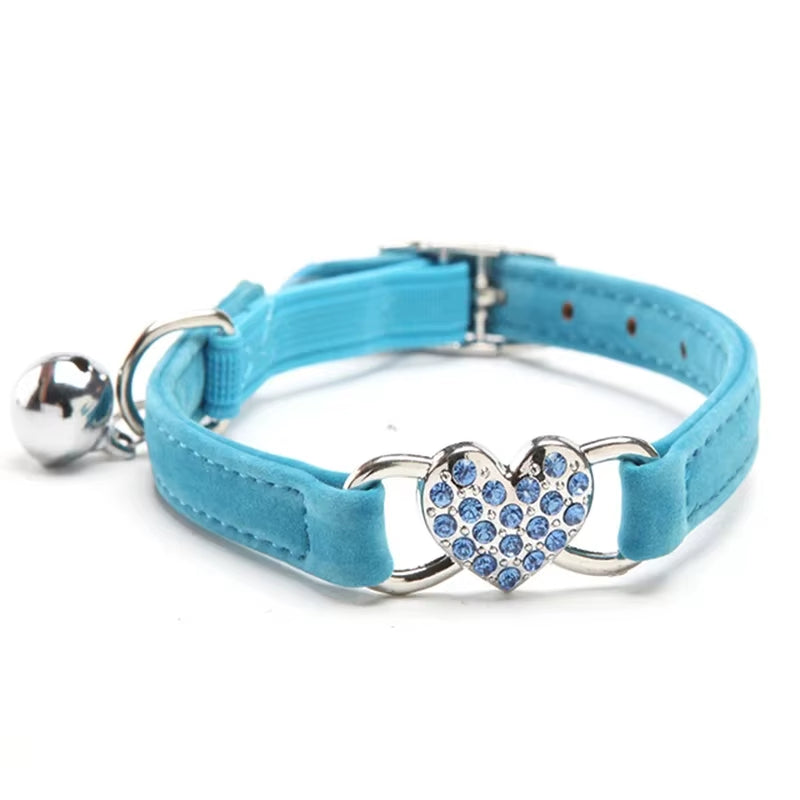Heart Shaped Cat Collar with Bell Safety Elastic Adjustable Collar Soft Velvet Cat Crystal Collar for Kitten Puppy Pet Supplies