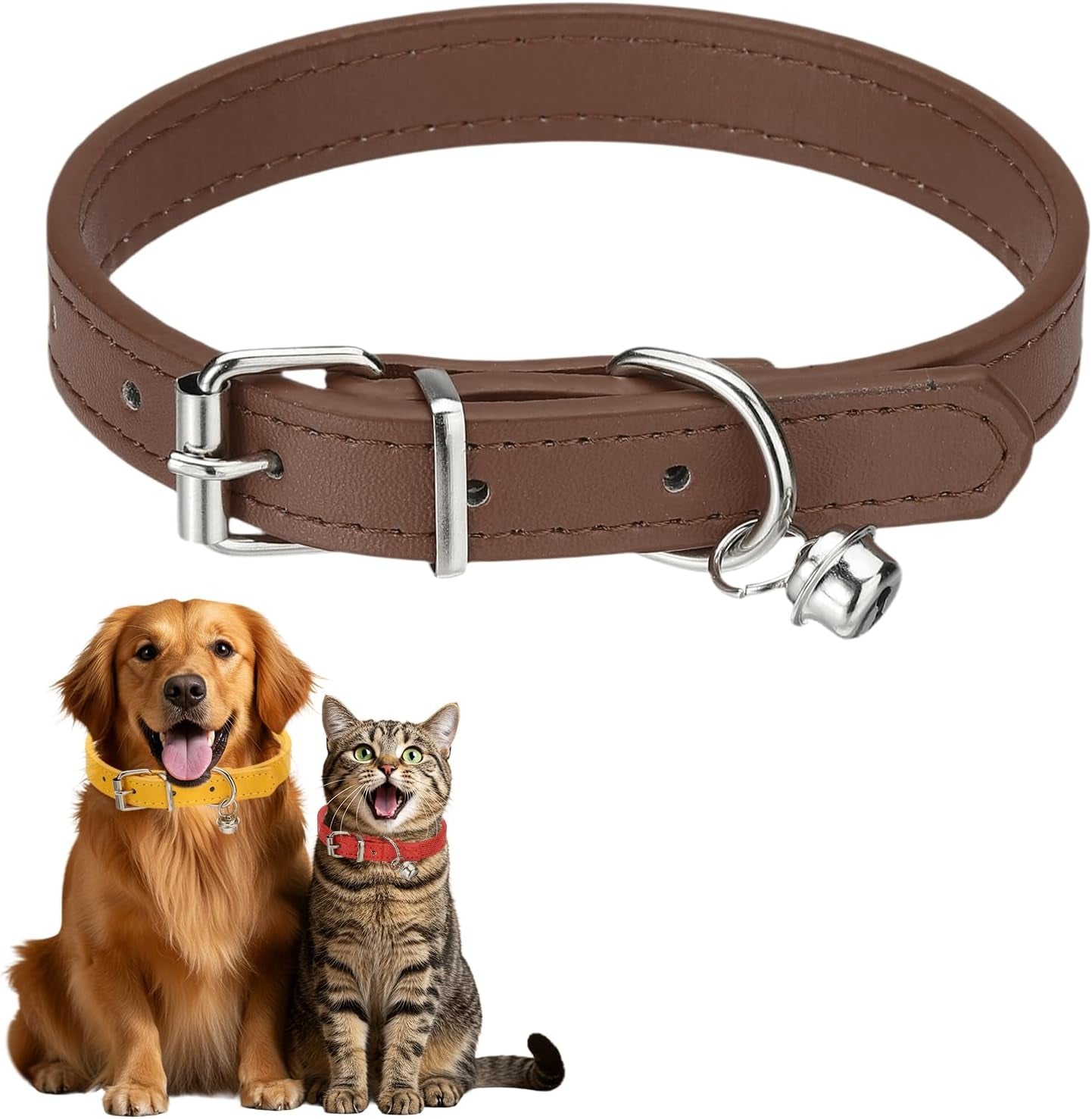 Dog Collar with Bell, Pu Leather Cat Collars Pet Basic Soft Padded Adjustable Buckle, 14.5" (Blue, 1 Pcs), Intended for Teacup/Little Dog/Kitten Cats/Small Animals