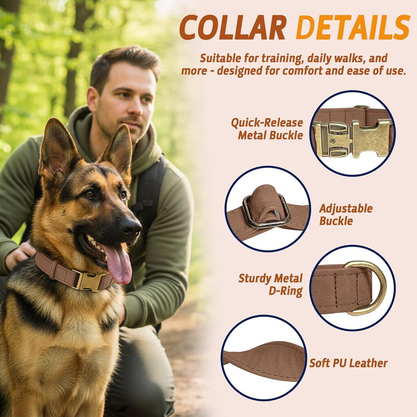 Leather Dog Collar – Durable Faux PU Leather Dog Collar for Small Medium Large Dogs, Adjustable Pet Collar with Metal Buckle (Brown, S)