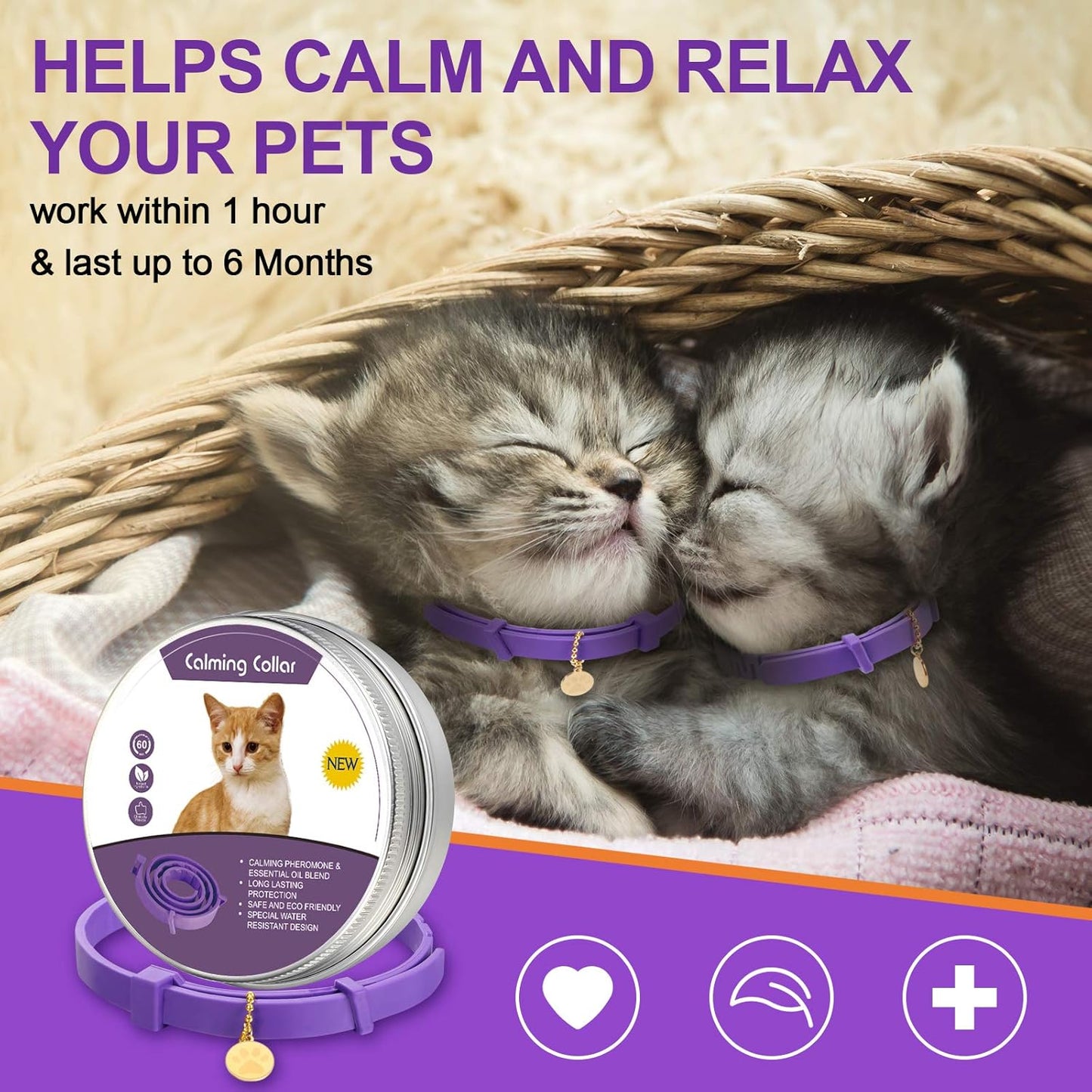 4 Pcs Cat Calming Collar Adjustable Pheromones Scent Relaxing Cat Collar with 2 Pendant for Puppies Reduce Stress Aggression Anxious, up to 15 Inches(Purple, Gold)