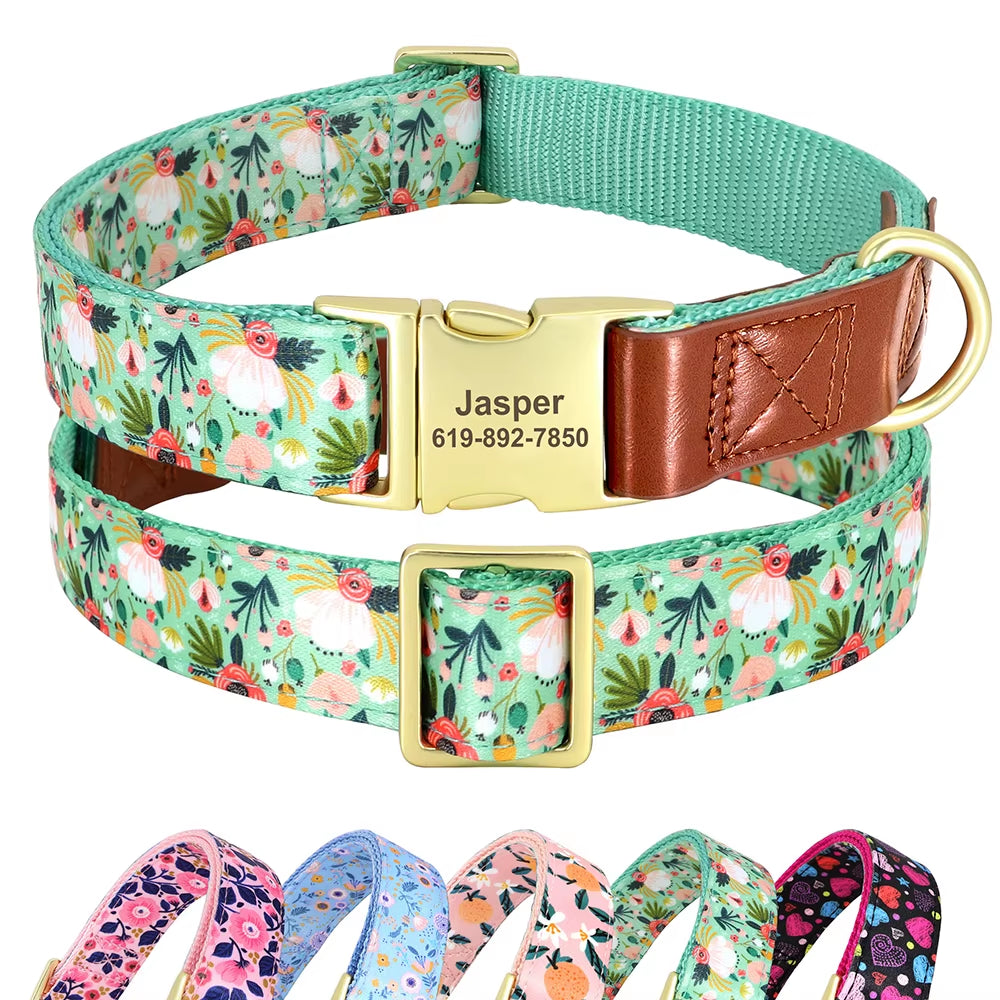 Custom Engraved Dog Collar Adjustable Pet Buckle Collars Anti-Lost Flower Printed for Small Medium Large Dogs French Bulldog