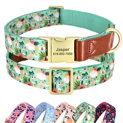 Custom Engraved Dog Collar Adjustable Pet Buckle Collars Anti-Lost Flower Printed for Small Medium Large Dogs French Bulldog