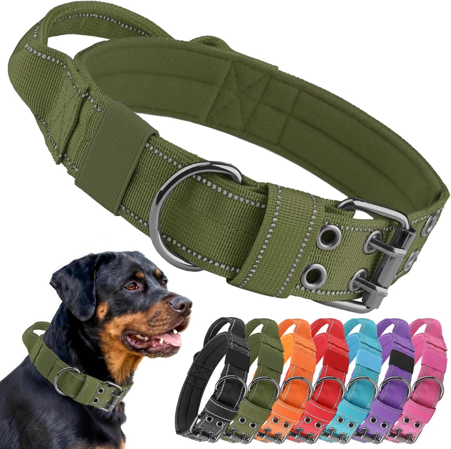 Tactical Dog Collar with Control Handle, Military Adjustable Pet Collar Reflective Heavy Metal Buckle Dog Collar, Soft Nylon Training Collar for Medium Large Dogs (Blue, Large)