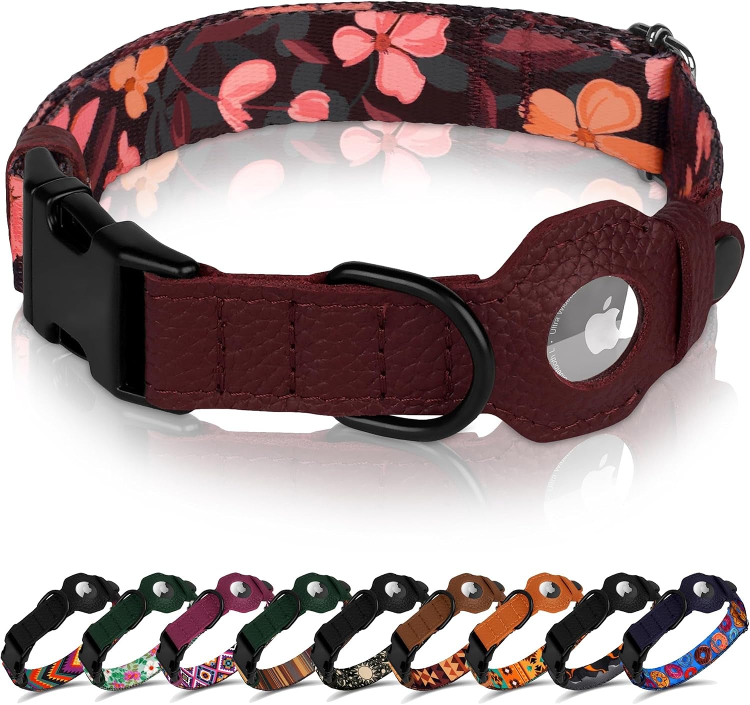 Airtag Dog Collar with Metal Buckle - Printed Nylon Soft Leather Dog Collar with Apple Airtag Holder - Secure Tracking GPS Pet Collars for Girl Boy Small Large Dogs (L, 17"-21" Neck Fit, Striped)