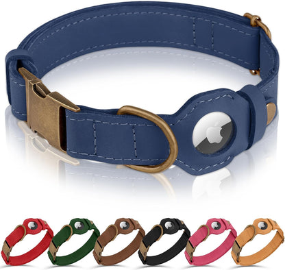 Airtag Dog Collar - Genuine Leather Dog Collar with Apple Airtag Holder and Metal Buckle - Smart GPS Tracking Pet Collars (Pink, S, 12"-15" Neck Fit)