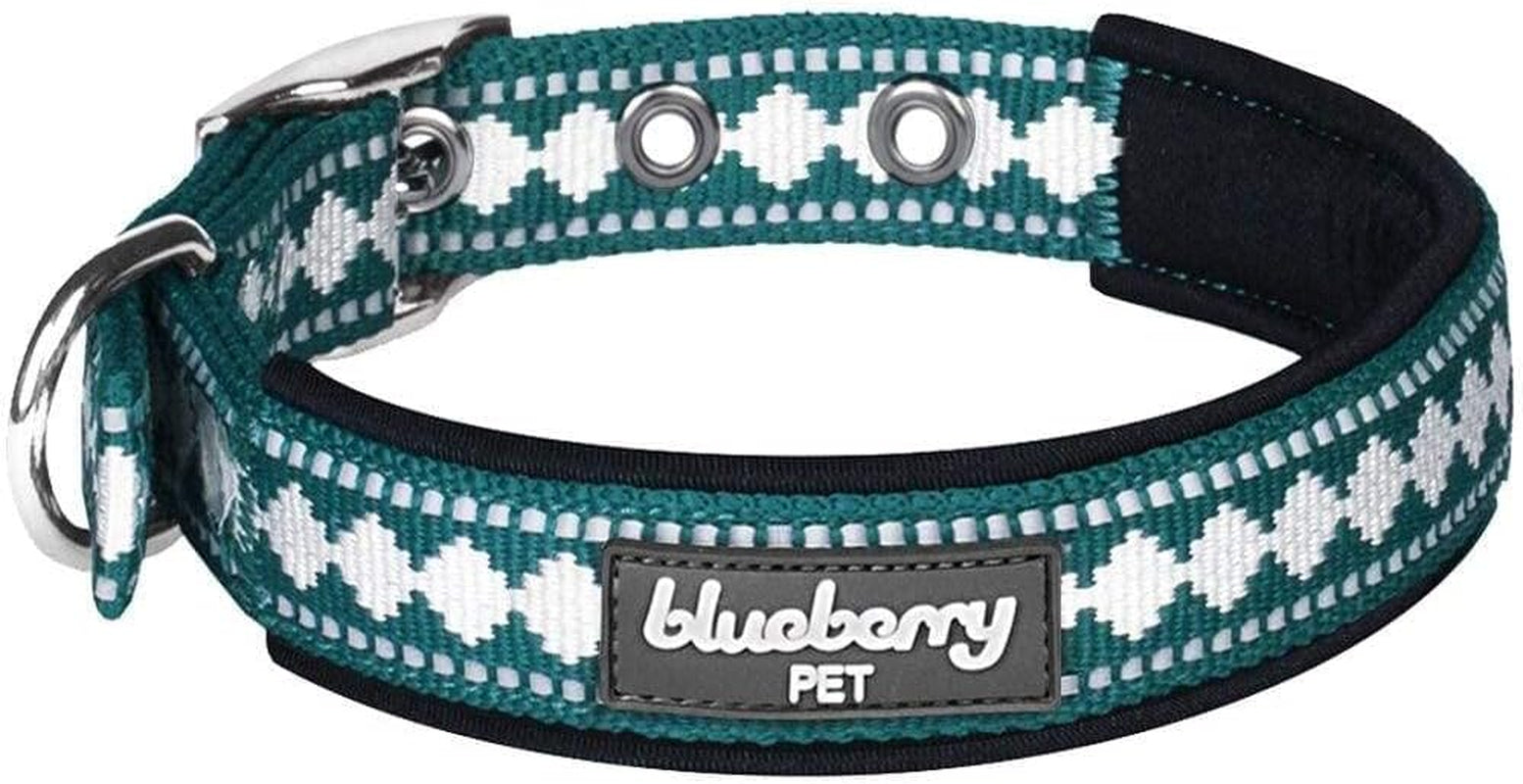 Reflective Jacquard Dog Collar with Neoprene Padding & Metal Buckle | Soft & Adjustable Safety Collar - Olive, Neck 13-16.5", for Medium Breed