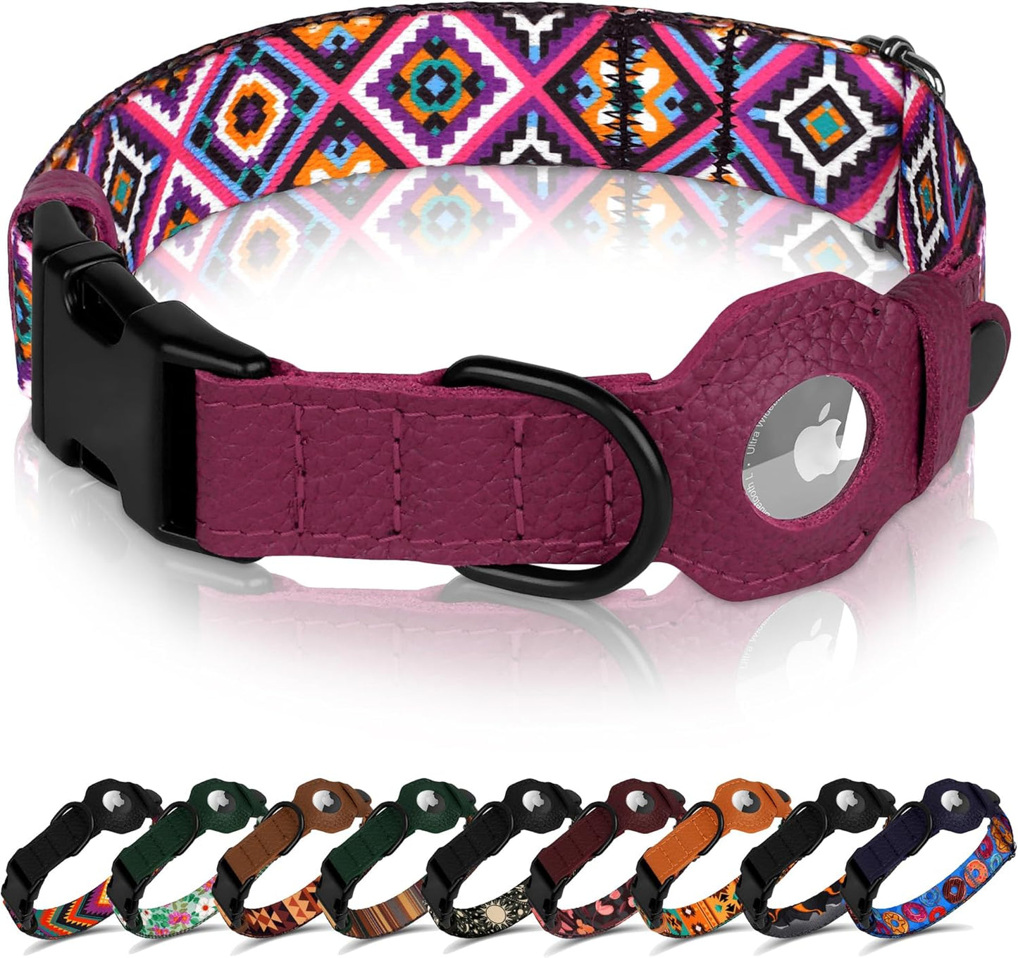 Airtag Dog Collar with Metal Buckle - Printed Nylon Soft Leather Dog Collar with Apple Airtag Holder - Secure Tracking GPS Pet Collars for Girl Boy Small Large Dogs (L, 17"-21" Neck Fit, Striped)
