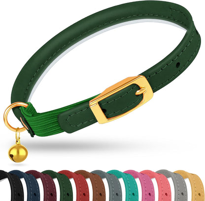 Rolled Leather Cat Collar with Bell - Reflective Kitten Collar with Safety Elastic Strap - Adjustable Small Pet Collars for Boy Girl Cats (Fuchsia)