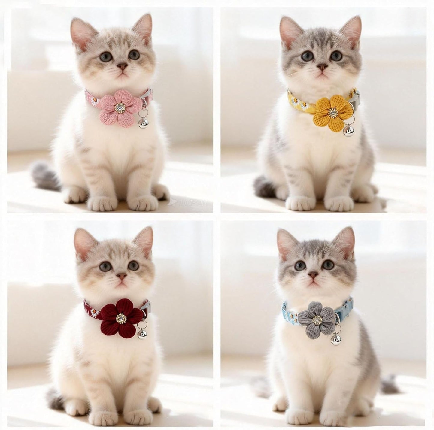 Cute Flower Cat Collar with Bell, Breakaway Safety Buckle, Soft Adjustable Floral Pet Collar for Kitten Cats, 4 Color Options (Gray, Yellow, Burgundy, Pink)