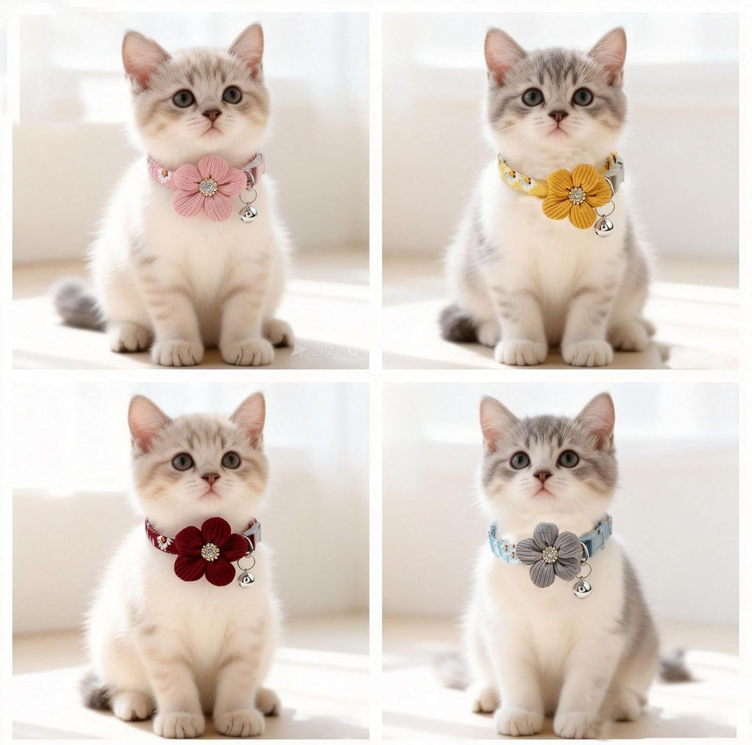 Cute Flower Cat Collar with Bell, Breakaway Safety Buckle, Soft Adjustable Floral Pet Collar for Kitten Cats, 4 Color Options (Gray, Yellow, Burgundy, Pink)