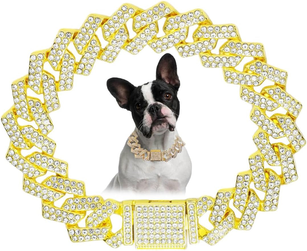 Blue Dog Chain Collar, Bling Diamond Cuban Link Puppy Collar Glitter Rhinestone Cat Collars for Small Medium Large Pet Dogs, 8-Inch