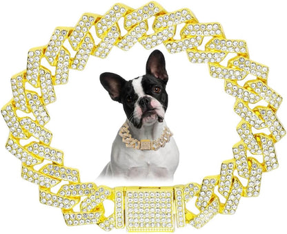 Blue Dog Chain Collar, Bling Diamond Cuban Link Puppy Collar Glitter Rhinestone Cat Collars for Small Medium Large Pet Dogs, 8-Inch