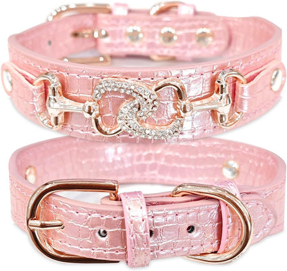 Cute Small Dog Cat Collar, Unique PU Leather - Bling Sparkle in the Sunlit, Puppy Collars with Rhinestone Heart Pendant, Pet Dog Necklace Collar Chihuahua (Pink, XS (Neck 8"-10"))