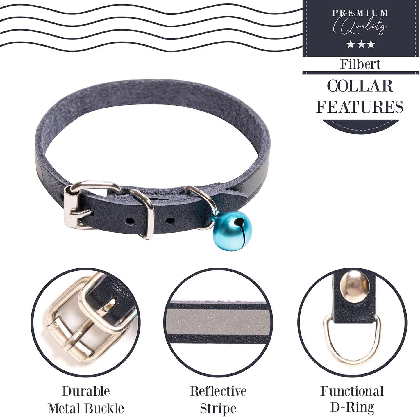 Leather Cat Collar, Reflective Cat Collar, Leather Accessories with Bell, Bird Warning, Suitable for Indoor and Outdoor, Non Breakaway, Durable, Stylish Design, Royal Blue