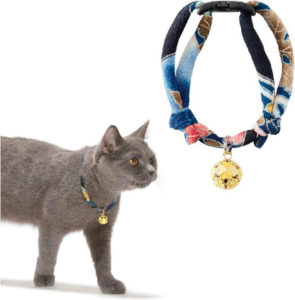 Chirimen Cat Collar with Clover Bell (Navy) with Bell Safety Breakaway Soft Lightweight for Cats Kitty Kitten Japanese Stylish Pattern, No.1 Seller in Japan