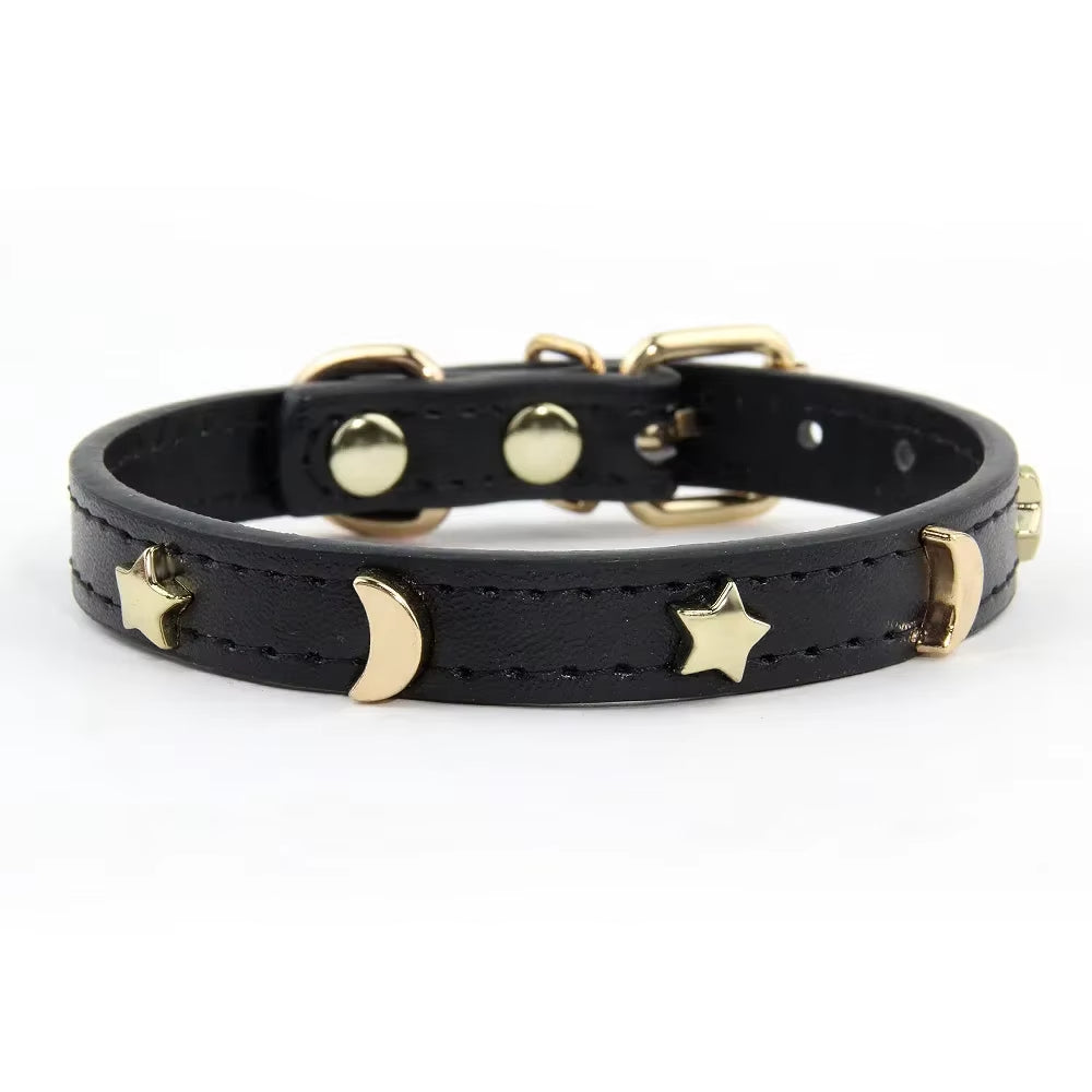 Cute Cat Collar Soft Leather Pet Collars for Small Dog Kitten Puppy Necklace Cat Accessories Star Moon Rivets Decoration XS-M