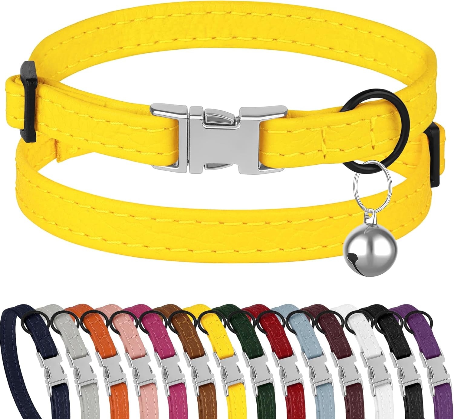 Leather Cat Collar with Buckle and Removable Bell - Non Breakaway Adjustable Soft Safety Small Pet Collars for Girl Boy Cats Kitten (Black)