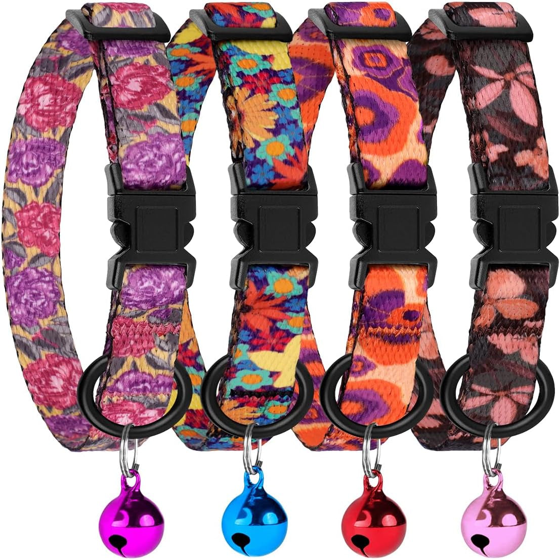 4PCS Breakaway Cat Collars with Bell - Cute Soft Adjustable Safety Kitten Collars 4-Pack - Nylon Pet Collars Nature Tribal Striped Floral Space Aztec Flowers Print (Nature)