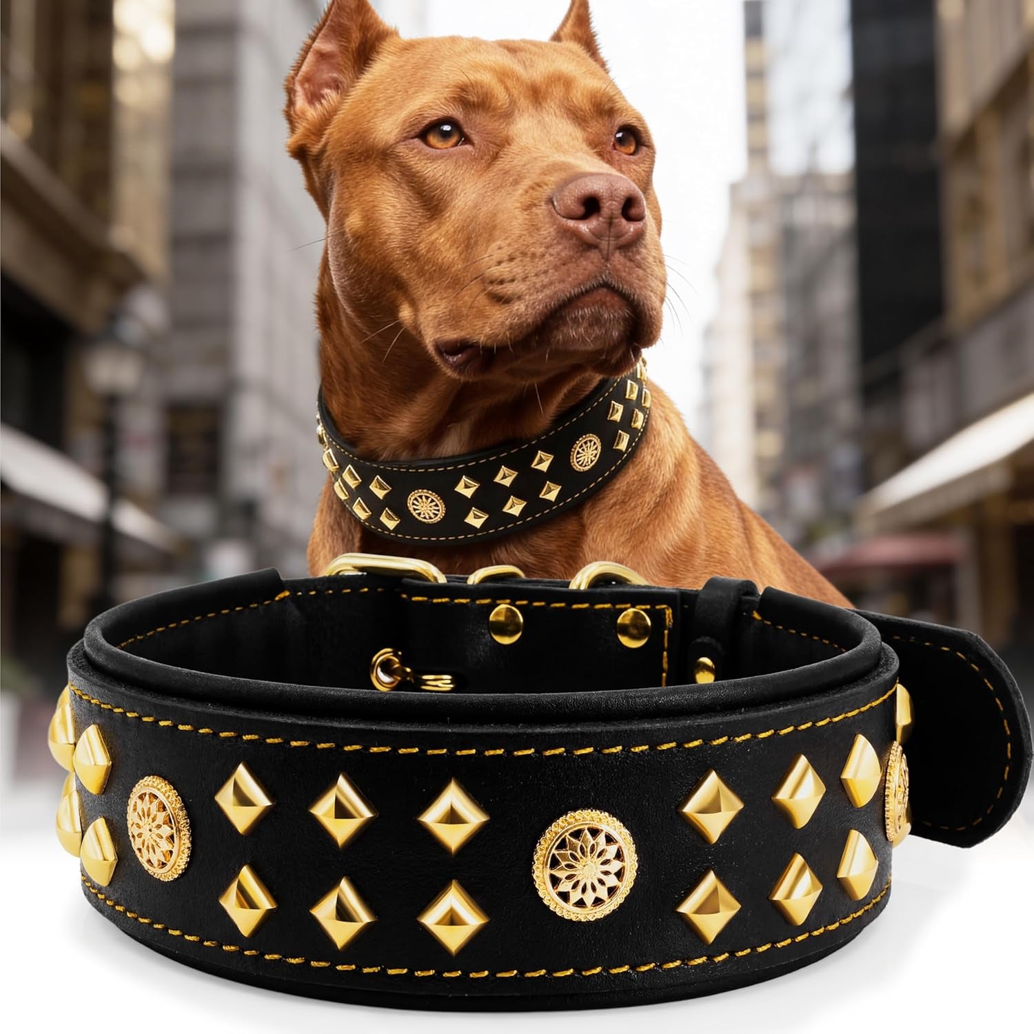 Eliteguard Genuine Leather Dog Collar, 2.2-Inch Handmade Studded with Stainless Steel Buckle, Daily Wear for Large Dogs, Brown 14-18.5 In