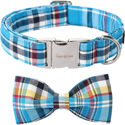Plaid Dog Collar with Bow Pet Gift Adjustable Soft and Comfy Bowtie Collars for Small Medium Large Dogs