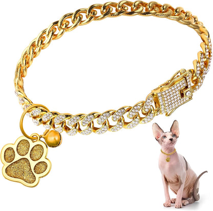 Cat Collar Diamond Chain Glitter Collar Walking Metal with Secure Buckle Cat Pet Necklace with Paw Charm and ID Tag Bell Link Cuban Jewelry Accessories Gift(8 Inch,Rose Gold, Pink)