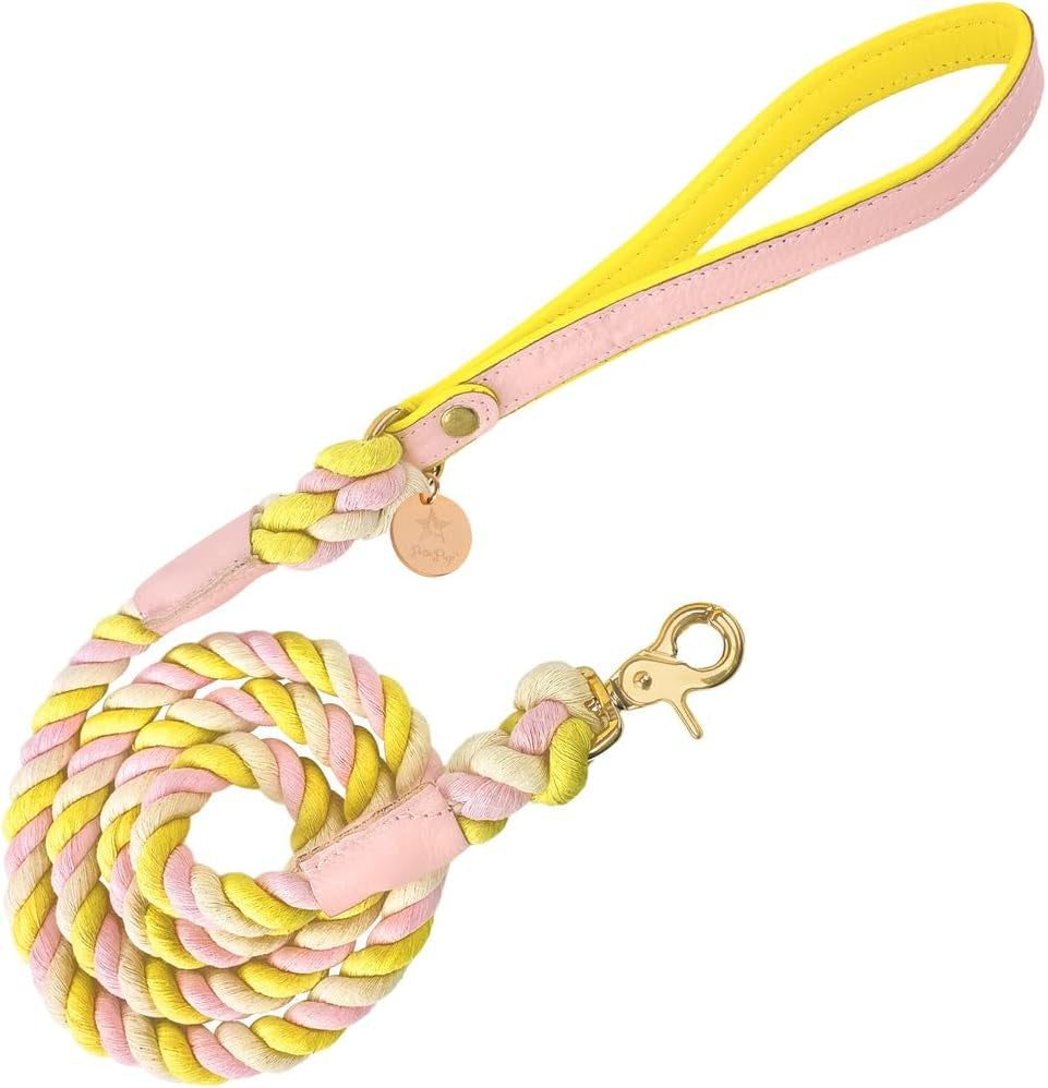 5Ft Braided Cotton Rope Leash with Soft Padded Genuine Leather Handle for Dogs - Handmade Comfort & Cute - Orange | Blue