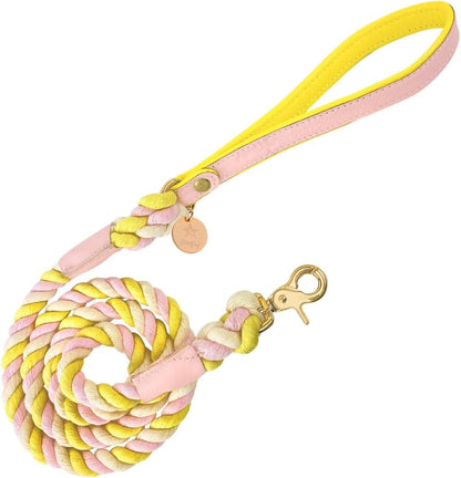 5Ft Braided Cotton Rope Leash with Soft Padded Genuine Leather Handle for Dogs - Handmade Comfort & Cute - Orange | Blue