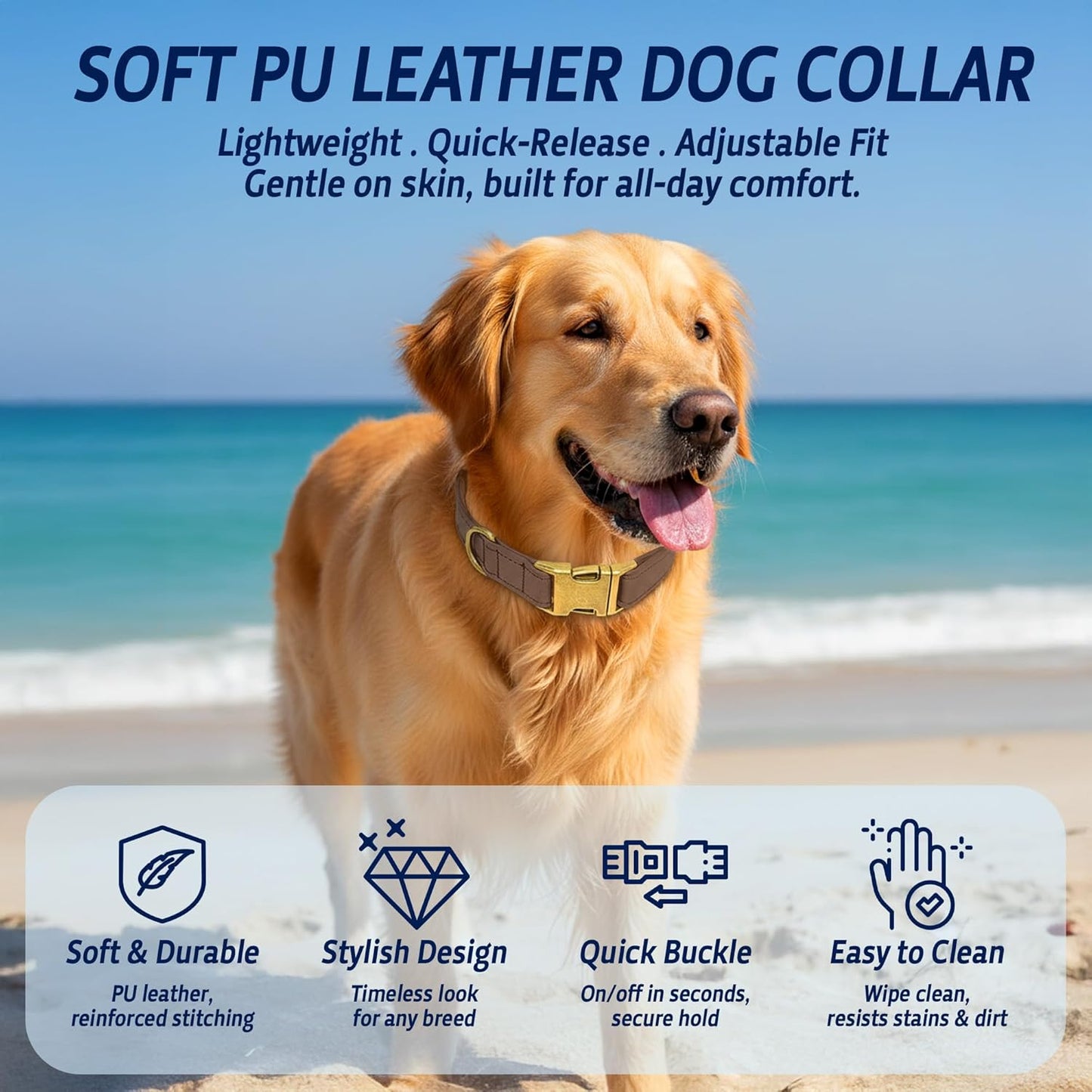 Leather Dog Collar – Durable Faux PU Leather Dog Collar for Small Medium Large Dogs, Adjustable Pet Collar with Metal Buckle (Brown, S)