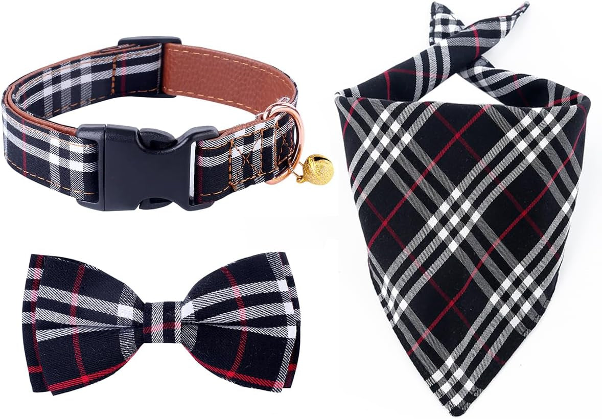 Dog Collar and Leash Set-Plaid Puppy Collar with Bow Tie - Adjustable Pet Collar for Dogs with Bell, Stylish Pattern for Small Medium or Large Boy and Girl Dog