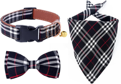 Dog Collar and Leash Set-Plaid Puppy Collar with Bow Tie - Adjustable Pet Collar for Dogs with Bell, Stylish Pattern for Small Medium or Large Boy and Girl Dog