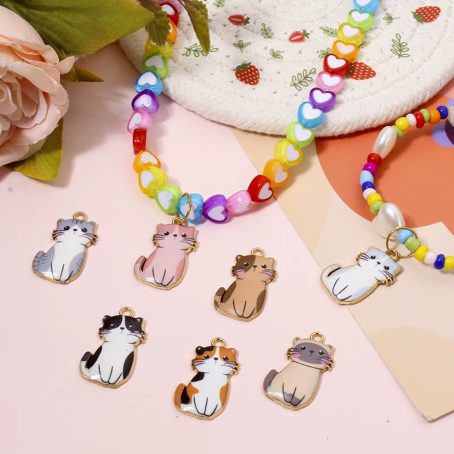 10 Pcs Cat Animal Animal Enamel Zinc Based Alloy Charms Gold Color Metal Pendants for DIY Jewelry Necklace Making 24Mm X 14Mm