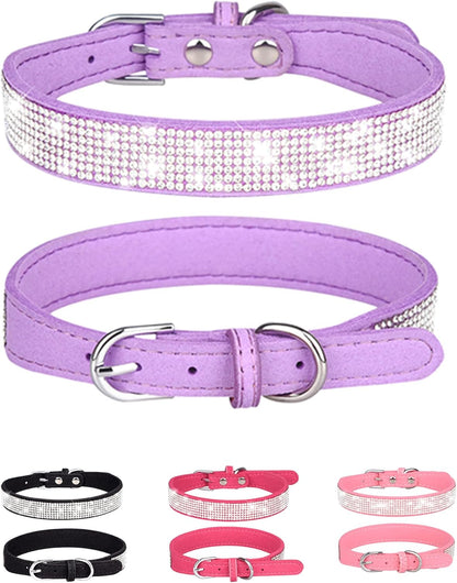 Dog Collar for Small Dogs, Adjustable Leather Suede Bling Dog Collars，Pink Dog Collar Cat Collar, Rhinestone Dog Collar(S, Pink)