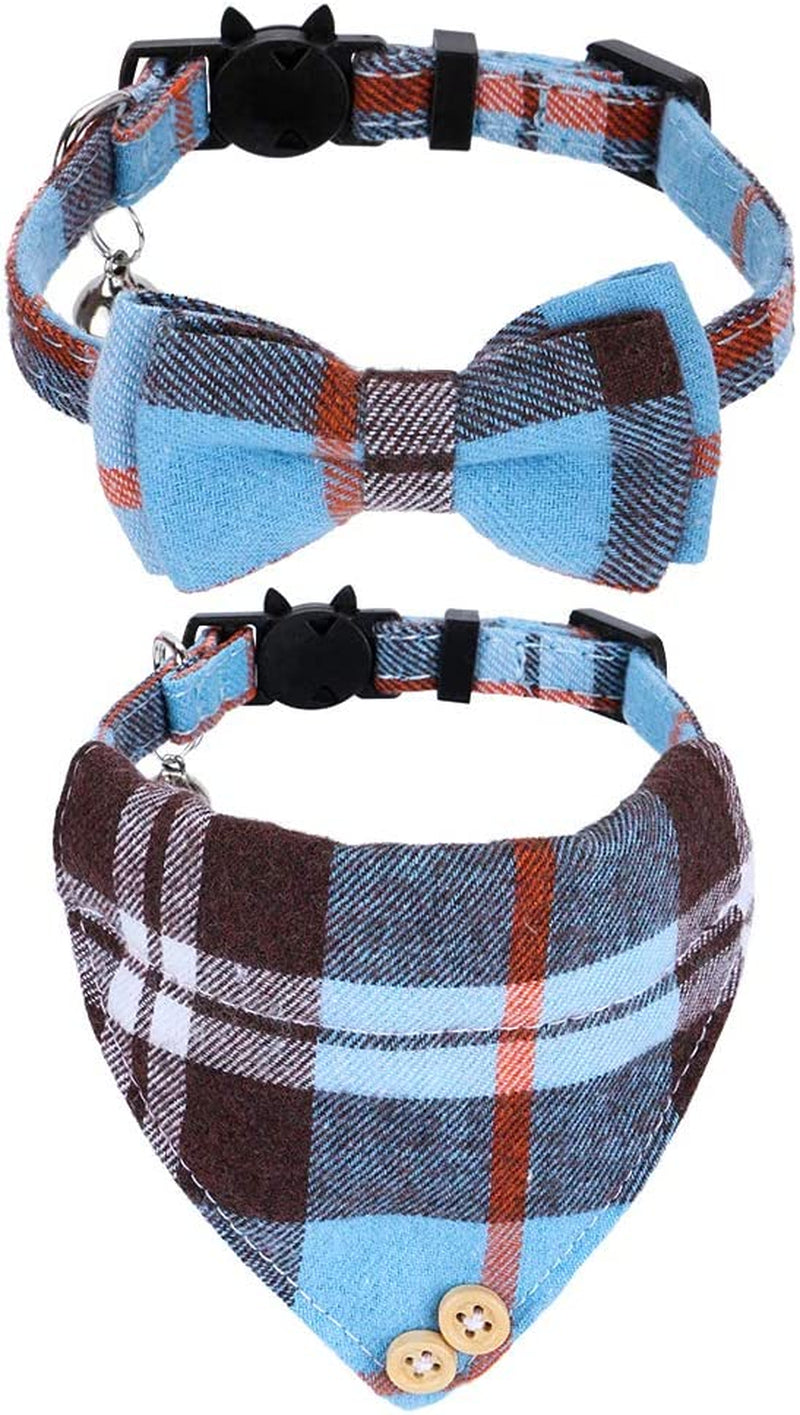 2 Pack/Set Cat Collar with Cute Bow Tie and Bell,Breakaway Plaid Shirt Collar for Kitty Adjustable Safety