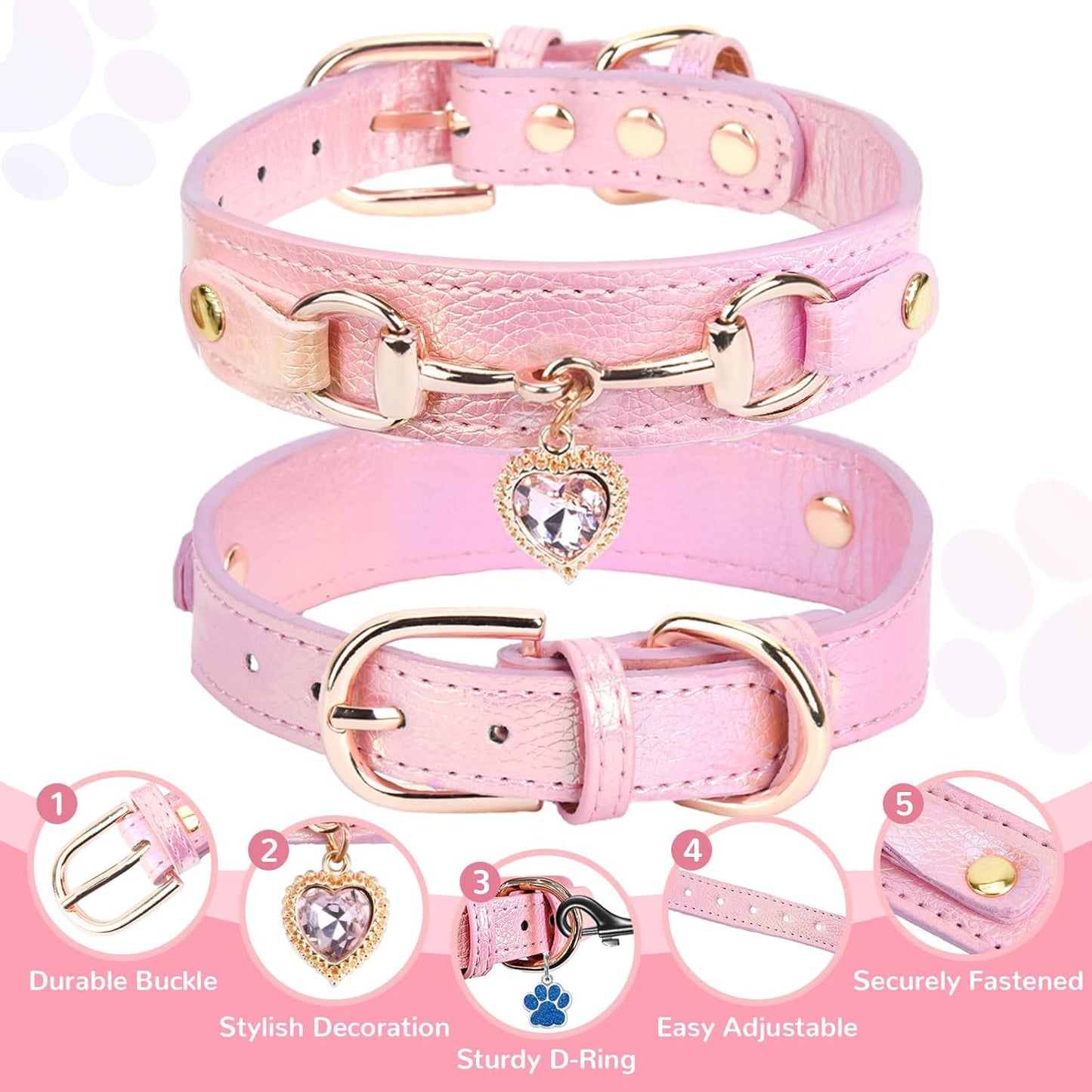Cute Small Dog Cat Collar, Unique PU Leather - Bling Sparkle in the Sunlit, Puppy Collars with Rhinestone Heart Pendant, Pet Dog Necklace Collar Chihuahua (Pink, XS (Neck 8"-10"))